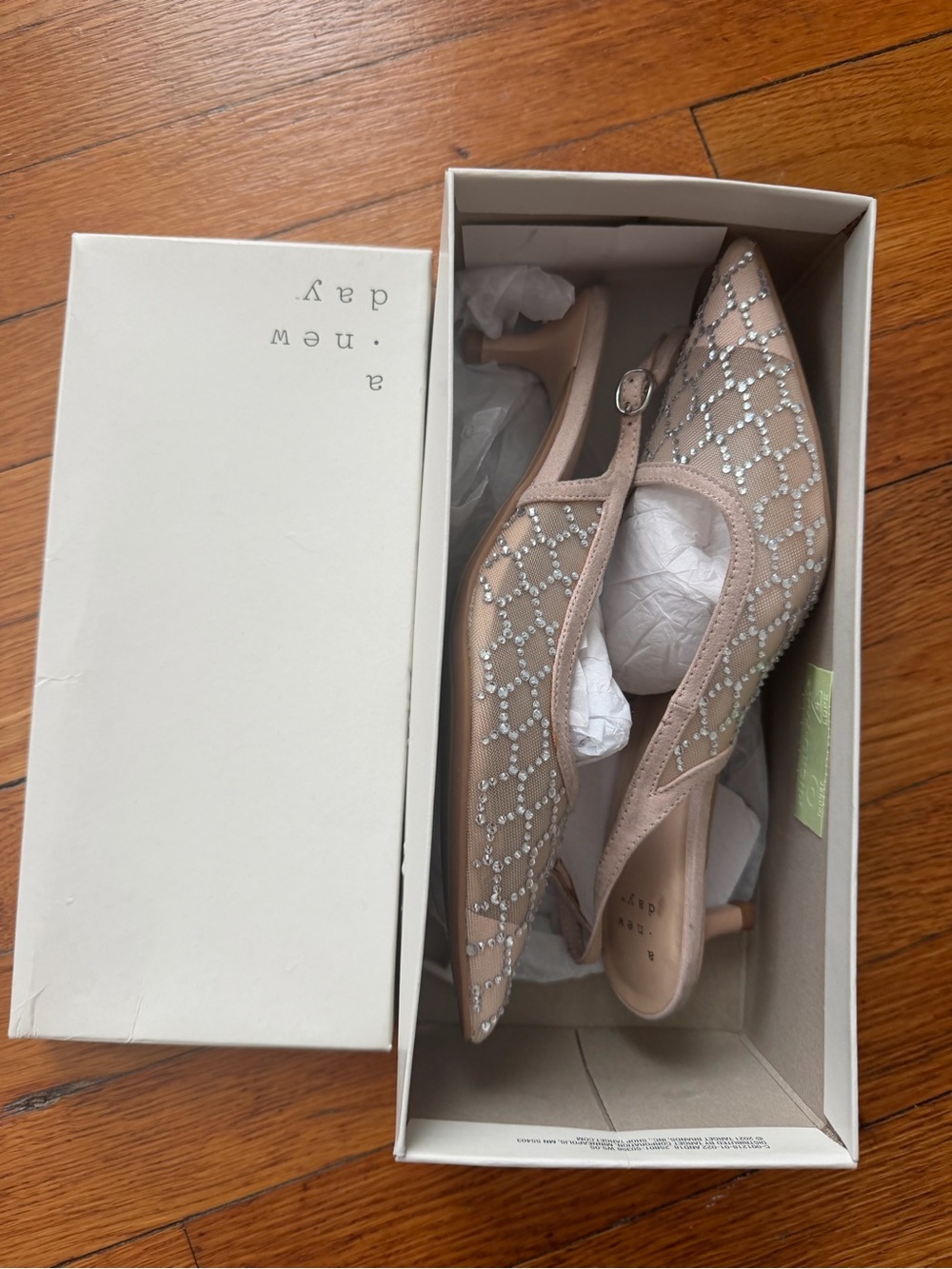 A New Day Embellished Nude Mesh Pointed-Toe Slingback Heels
